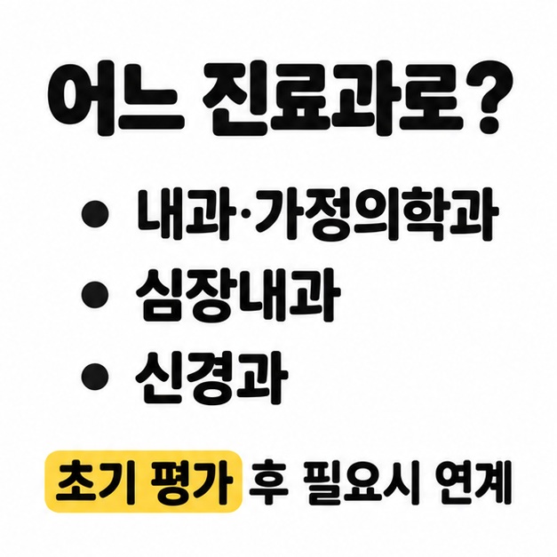내과와 가정의학과, 심장내과, 신경과 목록과 초기 평가 후 필요시 연계 문구로 진료과 선택을 안내하는 그림