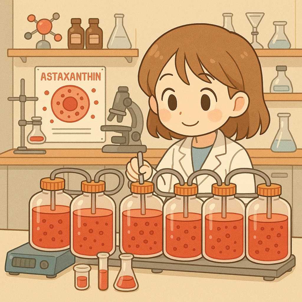 아스타잔틴을 배양하는 실험실 장면, 아기자기한 애니메이션 스타일로 그려진 연구원과 실험 기구