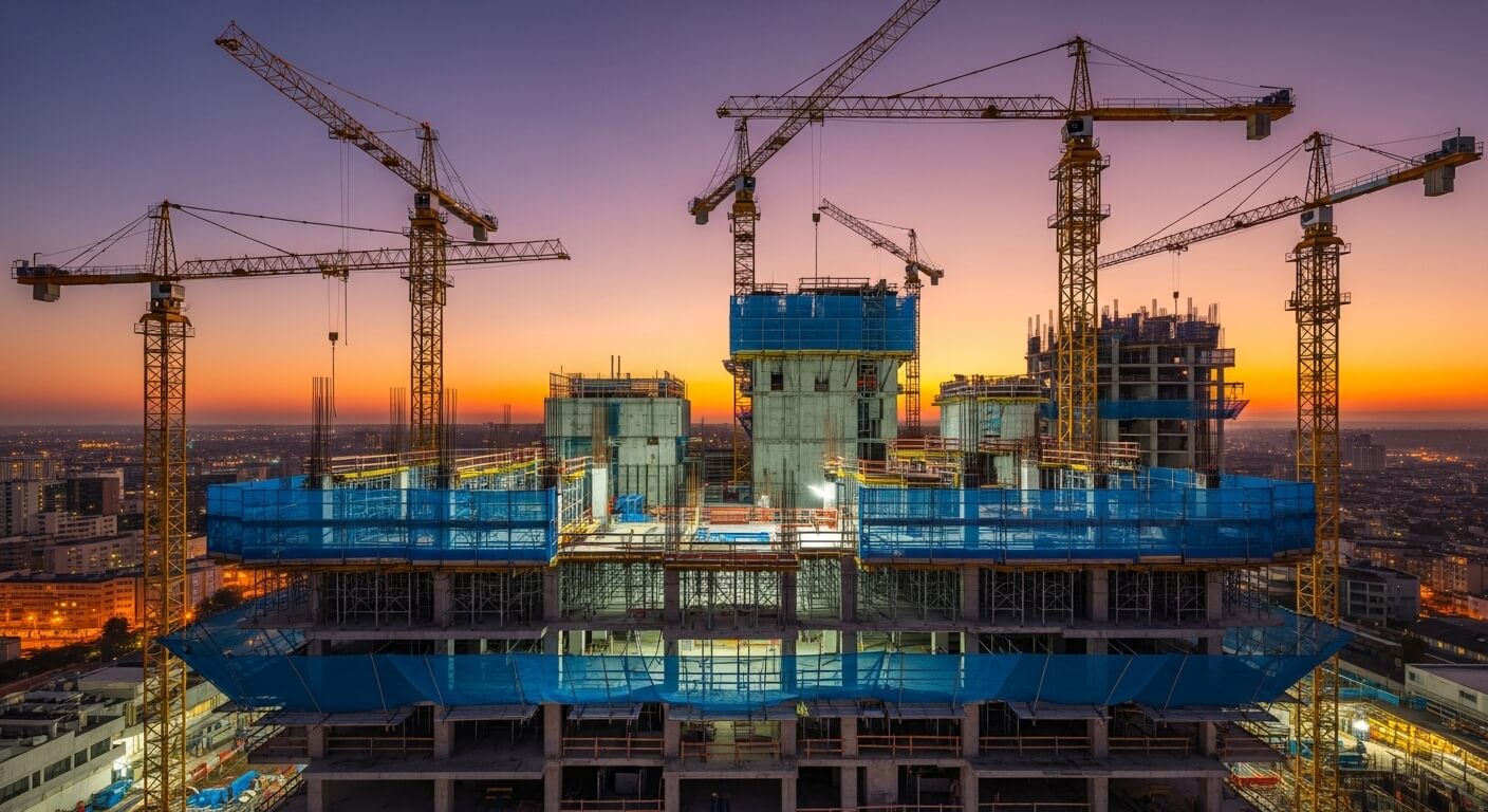 높은 아파트를 짓고있는 모습