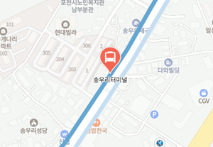 송우리터미널에서 인천공항 리무진 공항버스(7600번) 지도 위치