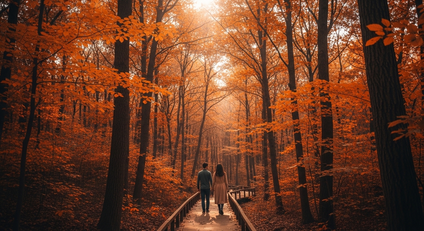 화담숲 가을 산책로를 걷는 커플 모습