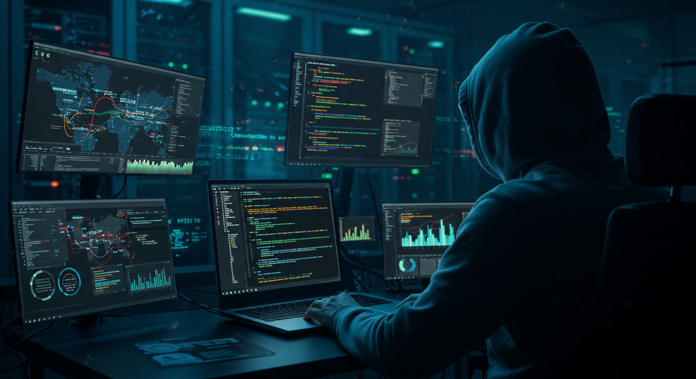 후드티를 입고있는 사람이 컴퓨터여러대를 가지고 컴퓨터를 조작하는 모스