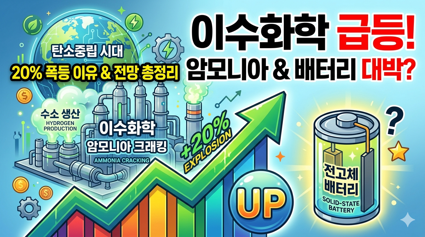 "이수화학 주가 급등 원인을 분석한 썸네일 이미지. 배경에 주가 상승 차트가 그려져 있고, 오른쪽 상단에는 '암모니아 크래킹 (청정수소 생산)'과 KBR 로고가, 왼쪽 하단에는 '전고체 배터리 소재 (황화리튬)'와 배터리 그래픽이 배치되어 있다. 중앙에는 '이수화학 20% 폭등'이라는 한글 텍스트가 명시되어 있다."