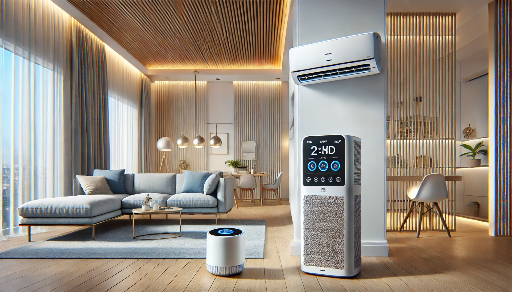 위니아 스탠드형 에어컨이 둘레바람 기능으로 작동 중인 슬림한 거실 모습