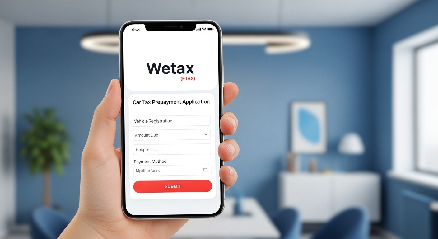 스마트폰으로 위택스 또는 이택스 앱을 통해 자동차세 연납신청을 하는 모습, 편리한 온라인 납부를 상징.