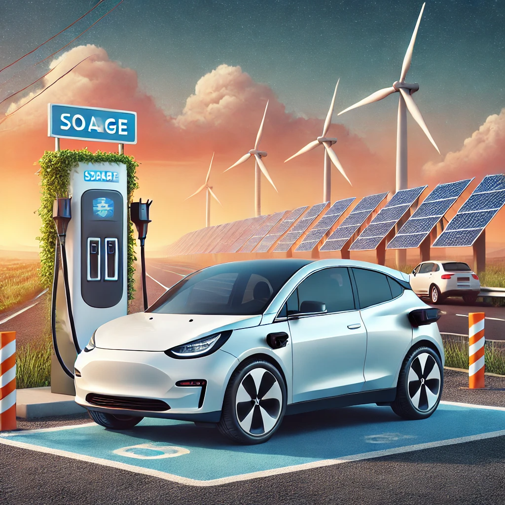 태양광 패널과 풍력 터빈으로 에너지를 공급받는 충전소에서 고속도로 휴게소에 주차된 전기차.