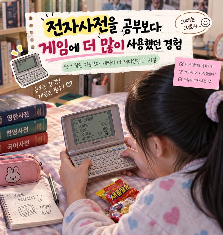 책상에서 전자사전으로 게임을 하는 학생과 전자사전 게임 경험을 표현한 제목