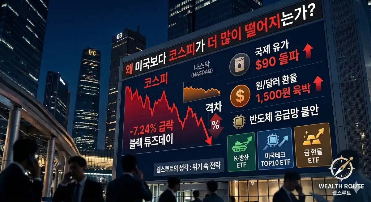 썸네일. 코스피 왜 나스닥보다 더 많이 떨어지나?