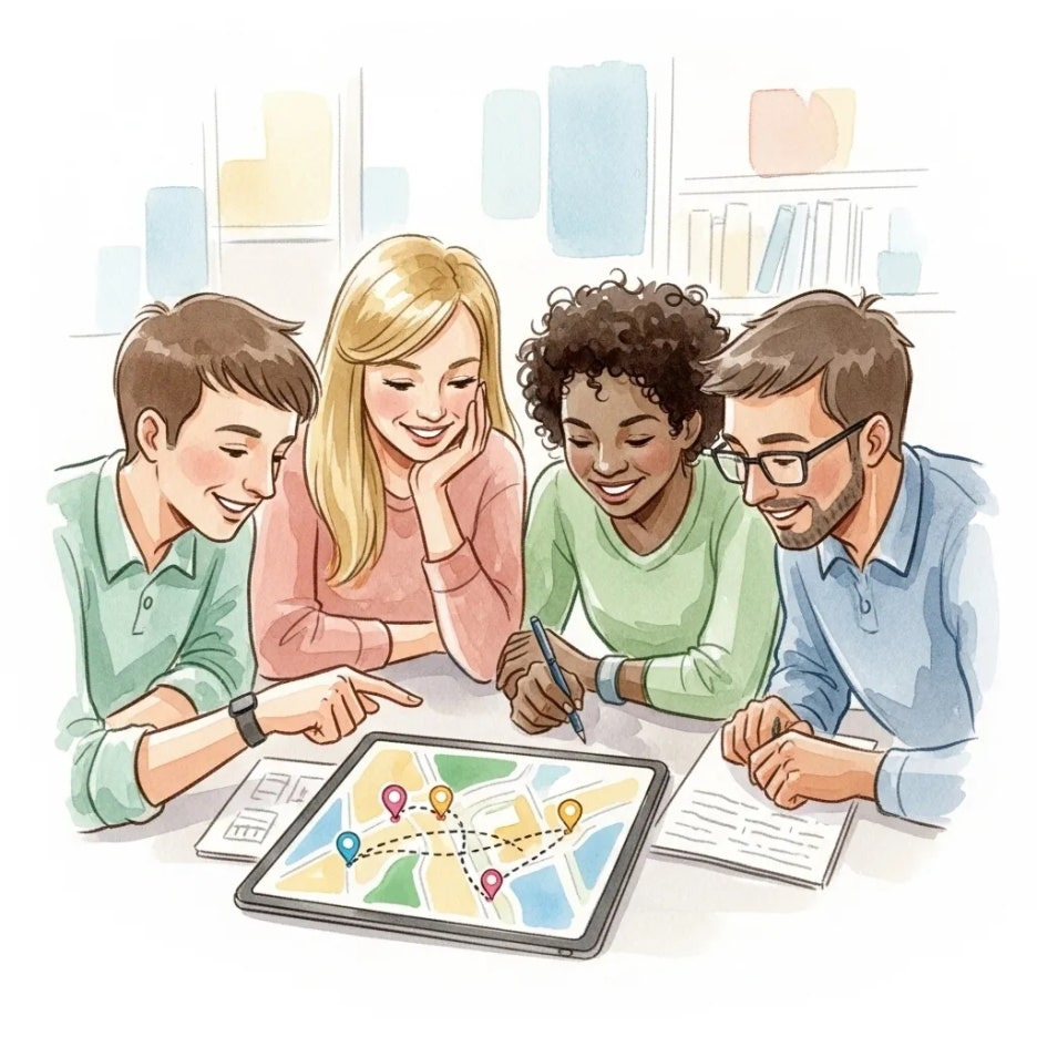 함께 여행을 계획하는 즐거운 사람들