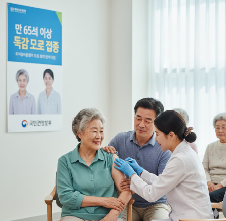 만 65세 이상 어르신이 병원에서 무료 독감 백신을 접종받는 모습