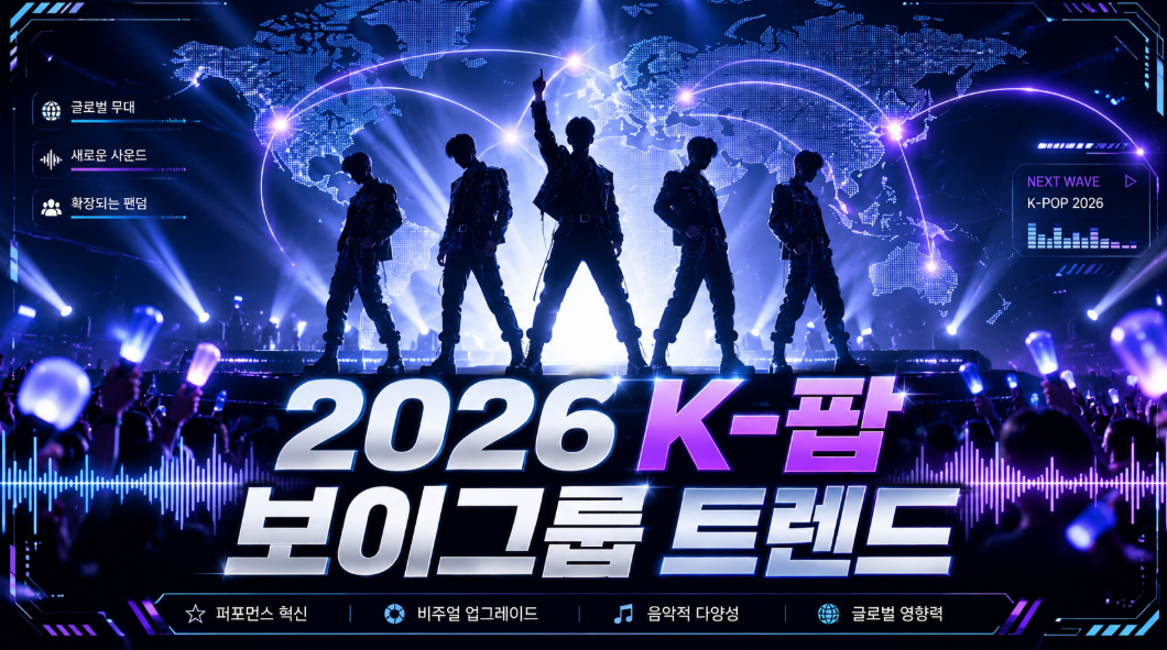 2026 K-팝 보이그룹 트렌드와 콘셉트 무대 전략 글로벌 팬덤 흐름을 소개하는 이미지