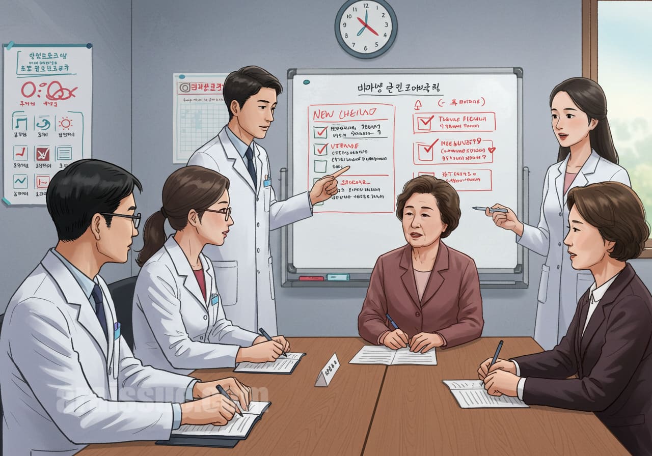 공공의료 회의에서 자궁근종 검진 항목 확대를 논의 중인 모습이며, 40대 여성이 정책 참여자로 함께 있는 장면입니다.