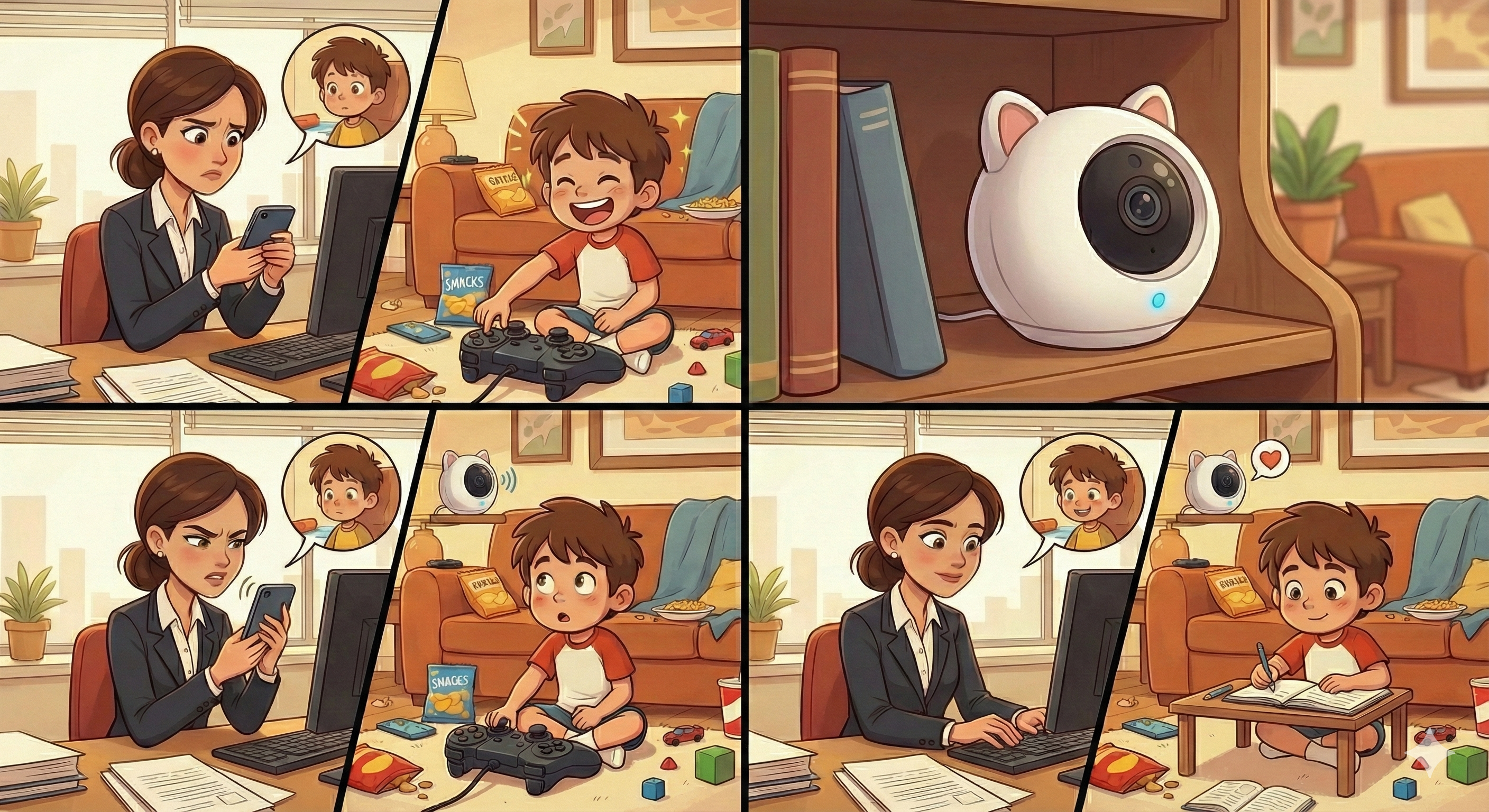 워킹맘이 홈캠을 통해 혼자 집에 있는 아이에게 숙제를 하라고 말하는 장면