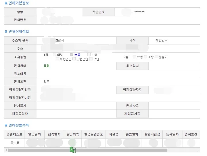 운전면허조회 결과 나오는 화면입니다.