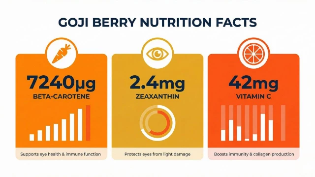구기자 주요 성분 인포그래픽 - 베타카로틴, 제아잔틴, 비타민C 함량 표시