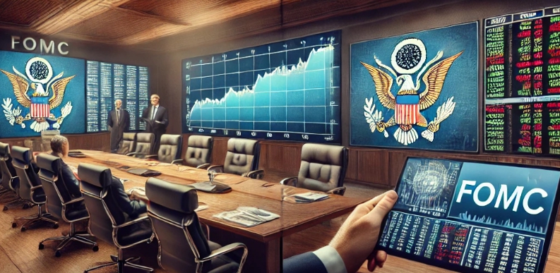 회의장에서 3사람이 서 있고 1사람이 앉아 있는 모습