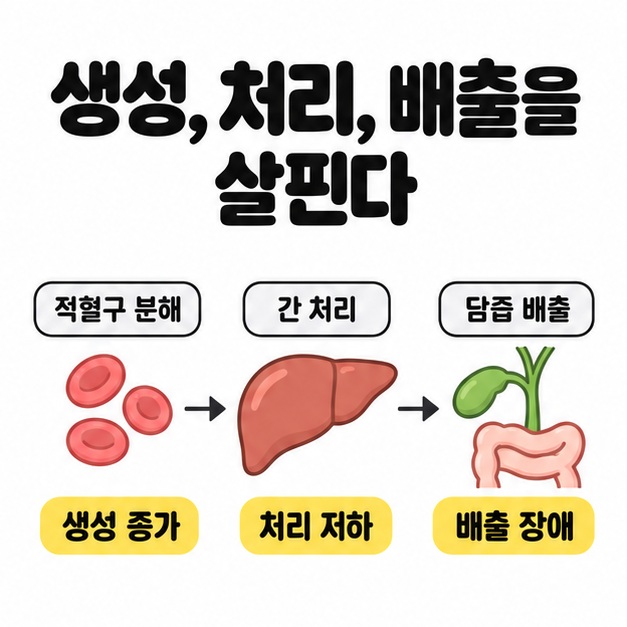 적혈구 분해, 간 처리, 담즙 배출 흐름에 생성 증가, 처리 저하, 배출 장애를 대응시킨 빌리루빈 상승 원인 도식