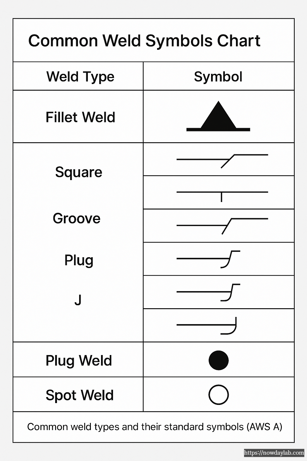 Chart showing fillet, groove, plug, and spot weld symbols used in engineering drawings.