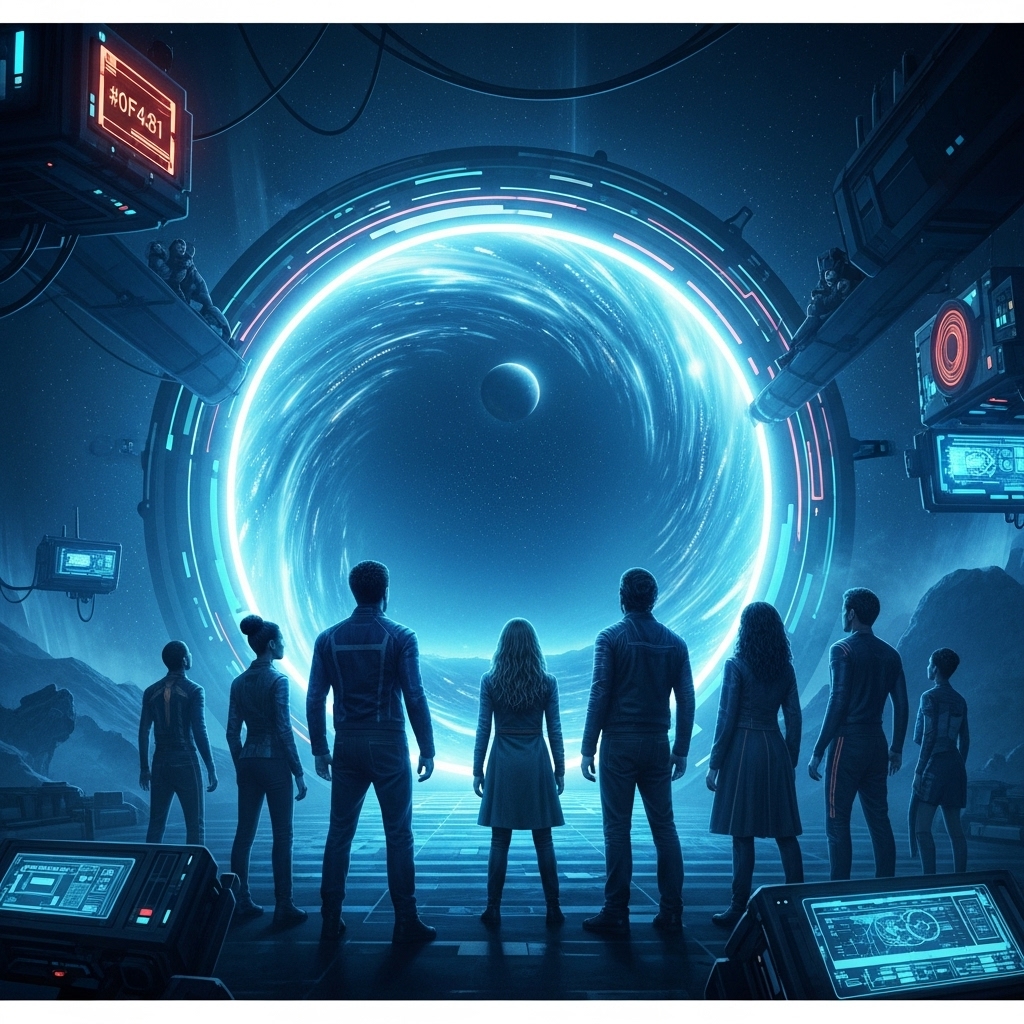 미래 도시의 네온사인과 신비로운 포털을 배경으로 다양한 인물들이 경외감을 느끼는 SF 장면. 넷플릭스 SF 시리즈의 몰입감을 상징하는 이미지.