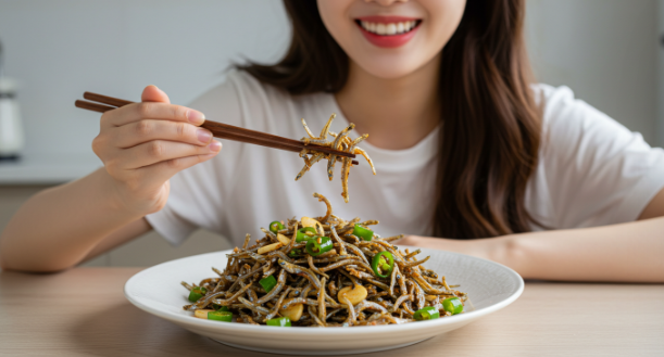 완성된 멸치 볶음을 보며 즐거워 하고 있는 모습