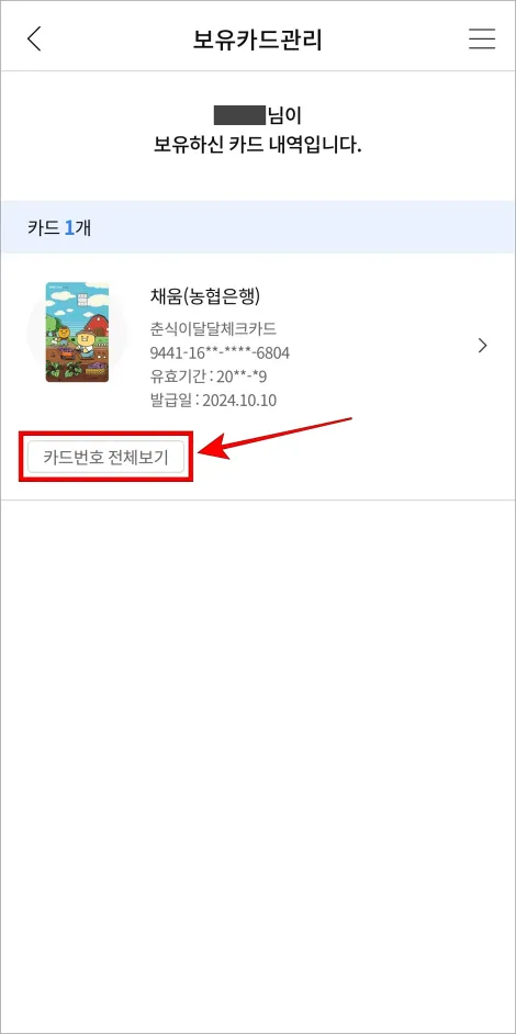 보유카드의 '카드번호 전체보기'를 선택