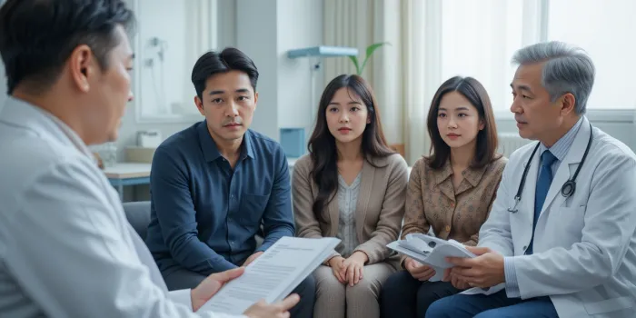 환자와 가족에게 생존율과 치료 계획을 설명하는 장면
