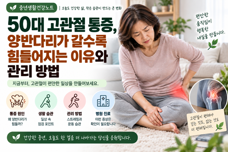 50대 고관절 통증 원인, 양반다리가 힘들어지는 이유와 생활 관리 방법