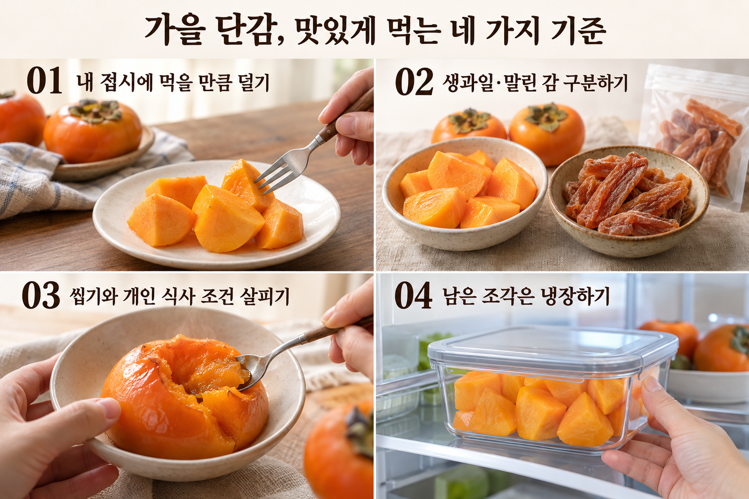작은 접시에 덜기, 생과일과 말린 감 구분, 개인에게 맞는 질감, 남은 조각 냉장의 네 장면을 묶은 실사 핵심 정리.