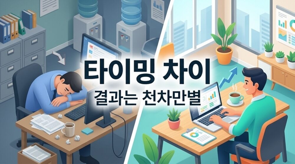 타이밍 차이 결과는 천차만별 문구와 피곤한 직장인 vs 활기찬 직장인 대비 일러스트