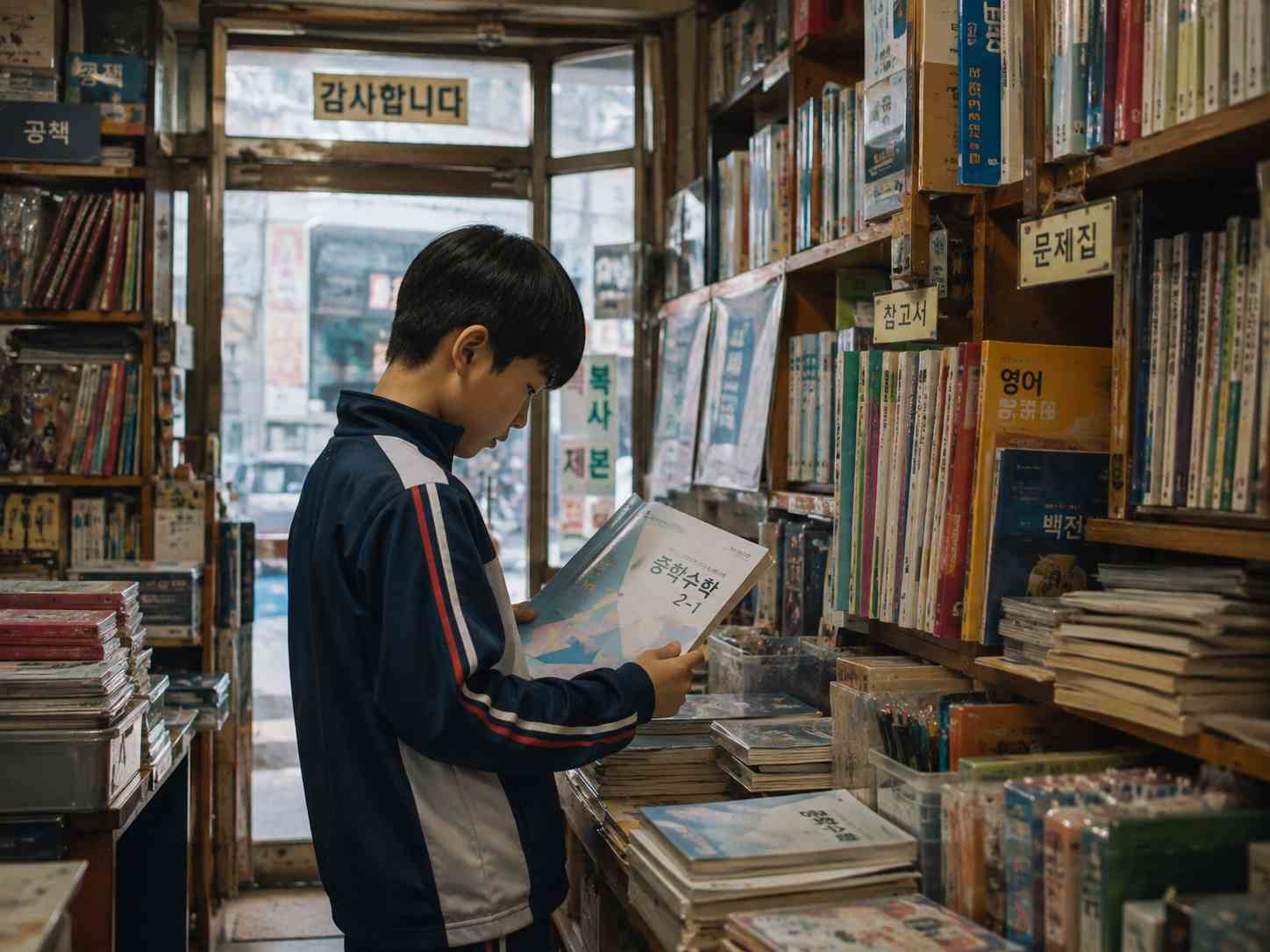 좁은 동네 서점의 책장 앞에서 학생이 수학 문제집을 두 손으로 들고 살펴보는 모습