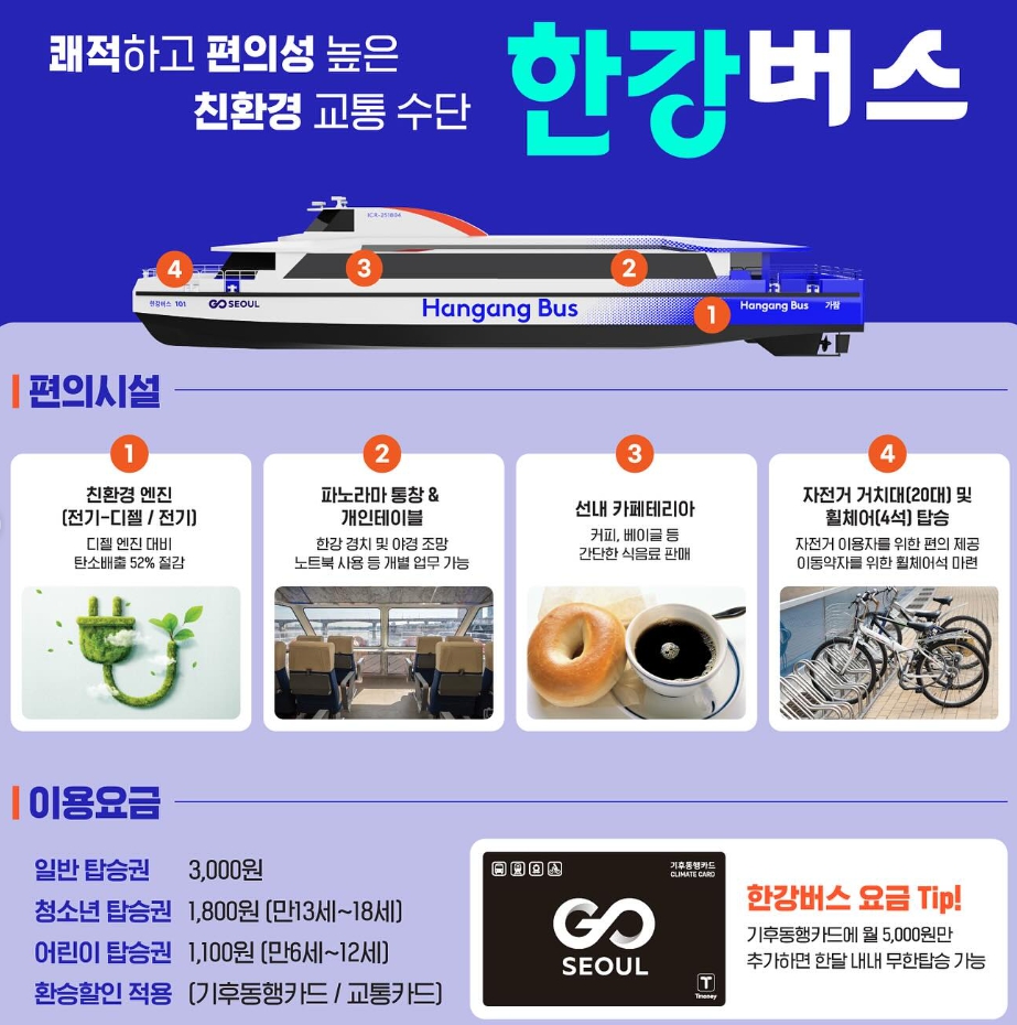 한강버스 내부 편의시설 및 요금 정보
