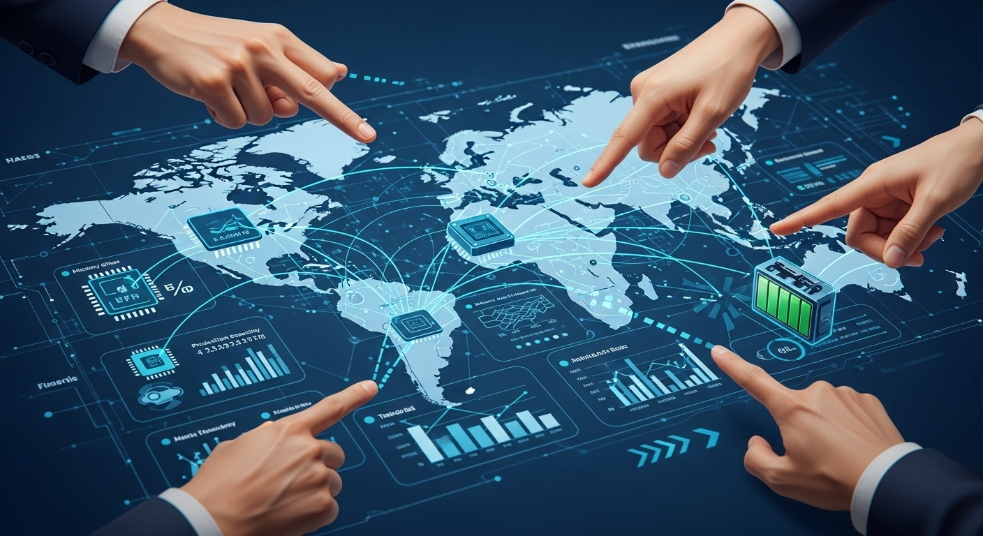 글로벌 공급망 재편과 기술 패권 경쟁을 시각적으로 나타내는 일러스트. 반도체와 배터리 부품이 연결된 공급망이 재구성되는 모습을 담고 있습니다.