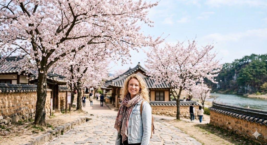 Experience the timeless beauty of spring at Andong Hahoe Village, where cherry blossoms meet 600 years of Korean tradition.