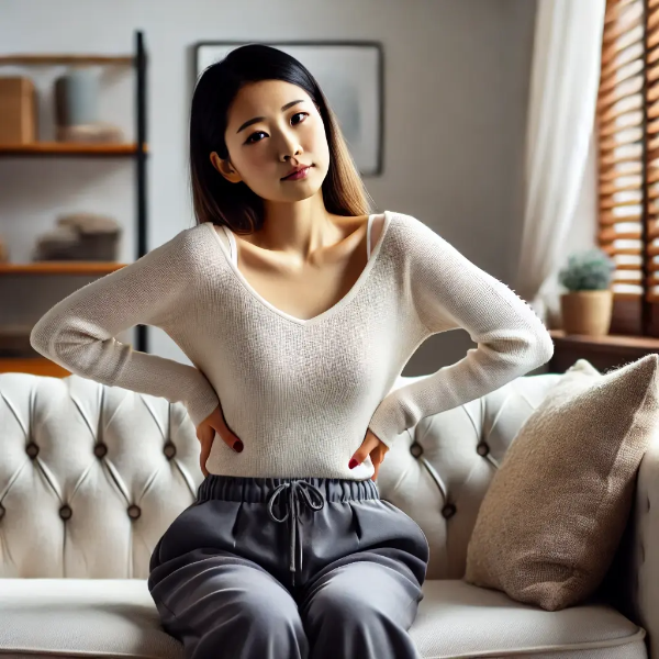 허리 통증 원인을 고민하며 소파에서 조심스럽게 허리를 스트레칭하는 동양인 여성