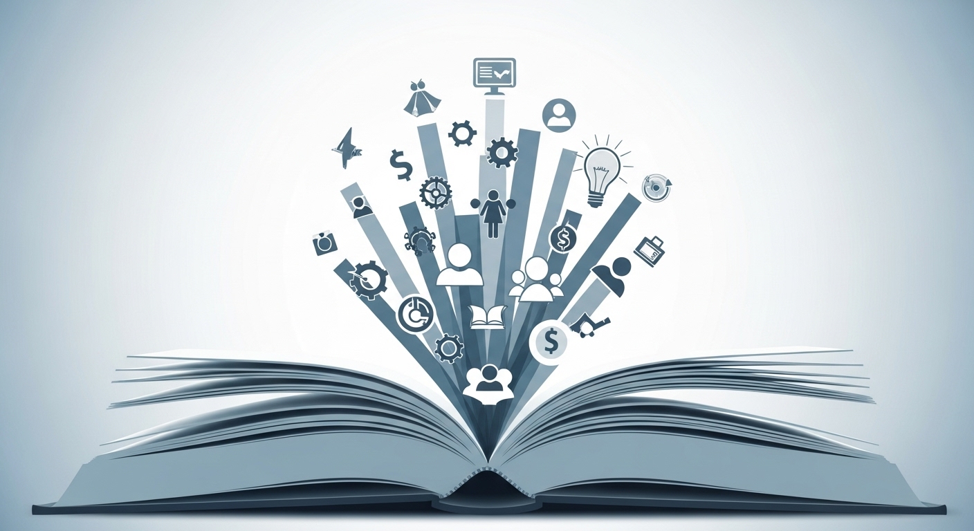 다양한 지식과 통찰을 상징하는 요소들이 책에서 솟아나 시야를 확장하는 모습을 형상화한 이미지.