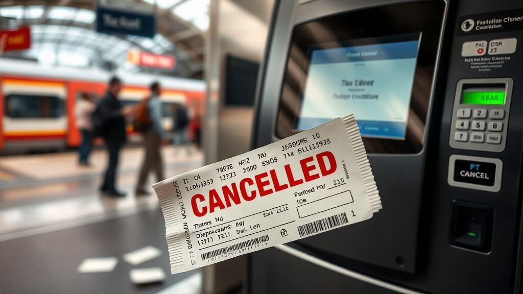 기차역 발권기 앞에 버려지거나 취소된 기차표&amp;#44; 그리고 망연자실한 표정으로 전광판을 바라보는 여행객들의 모습.