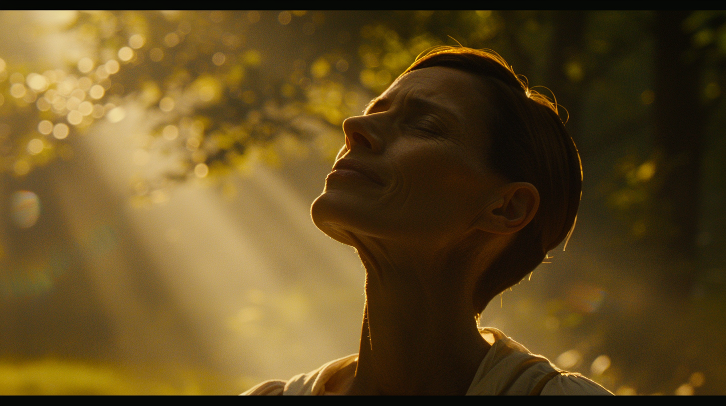 A person with a mixed expression of happiness and anxiety under sunlight