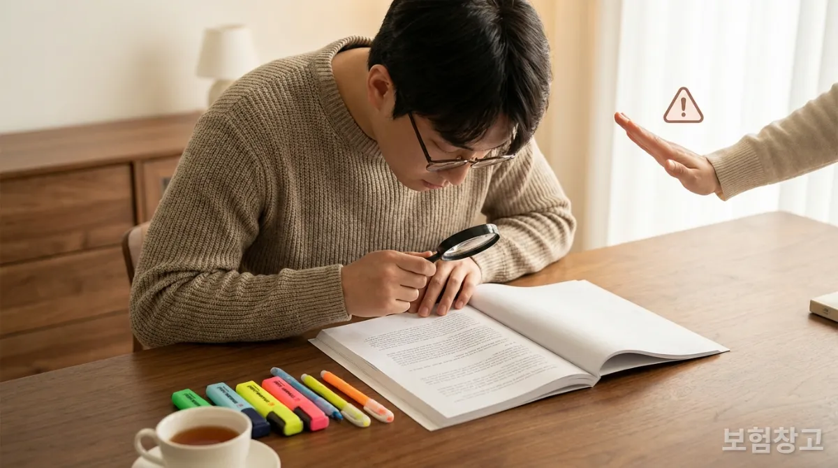 보험 가입 전 약관을 꼼꼼히 확인하는 모습을 보여주는 이미지