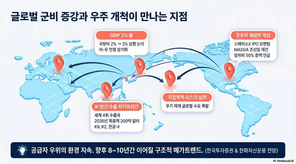 방산, 우주항공 ETF: 글로벌 군비 증강과 우주 개척이 만나는 지점을 세계 지도로 표현한 인포그래픽. NATO 국방비 GDP 3퍼센트 상향 논의와 K방산 수출 파이프라인 그리고 스페이스X IPO 모멘텀 등 방산 ETF 상승 배경을 한눈에 정리
