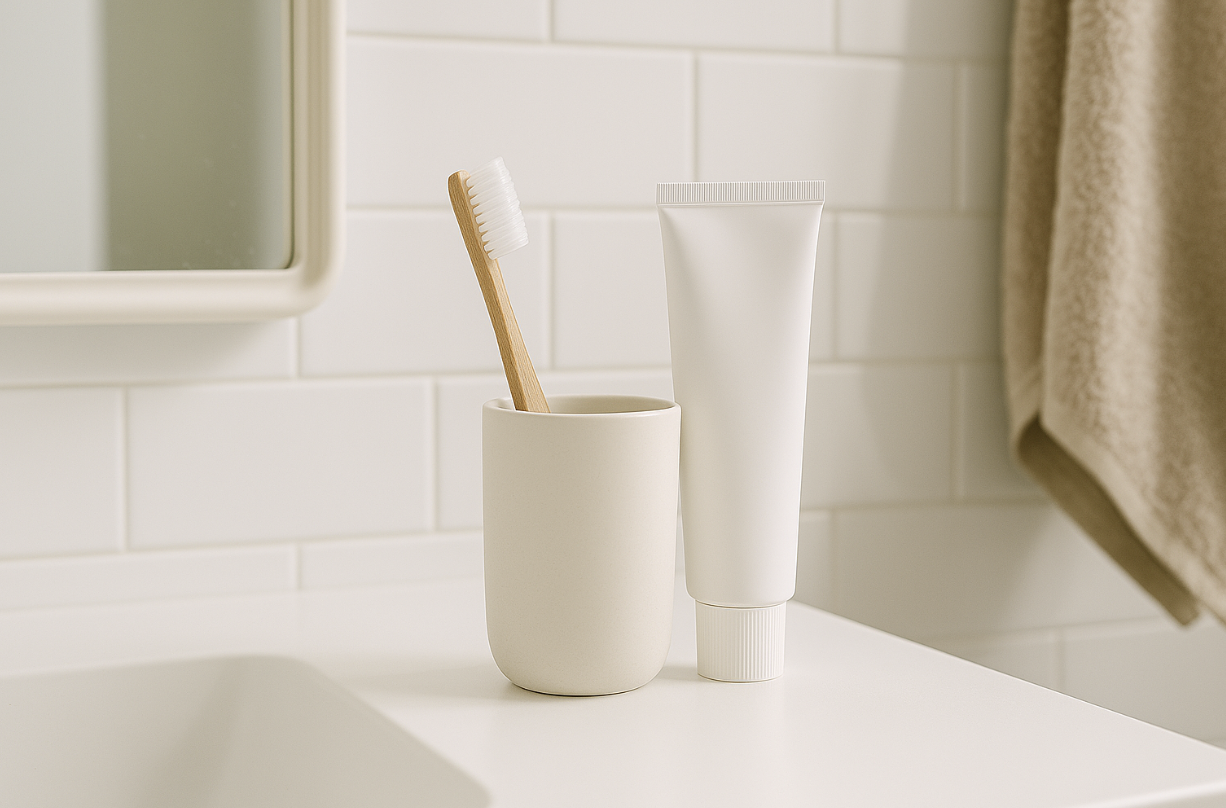밝은 욕실 세면대 위에 칫솔과 치약이 놓여 있는 모습