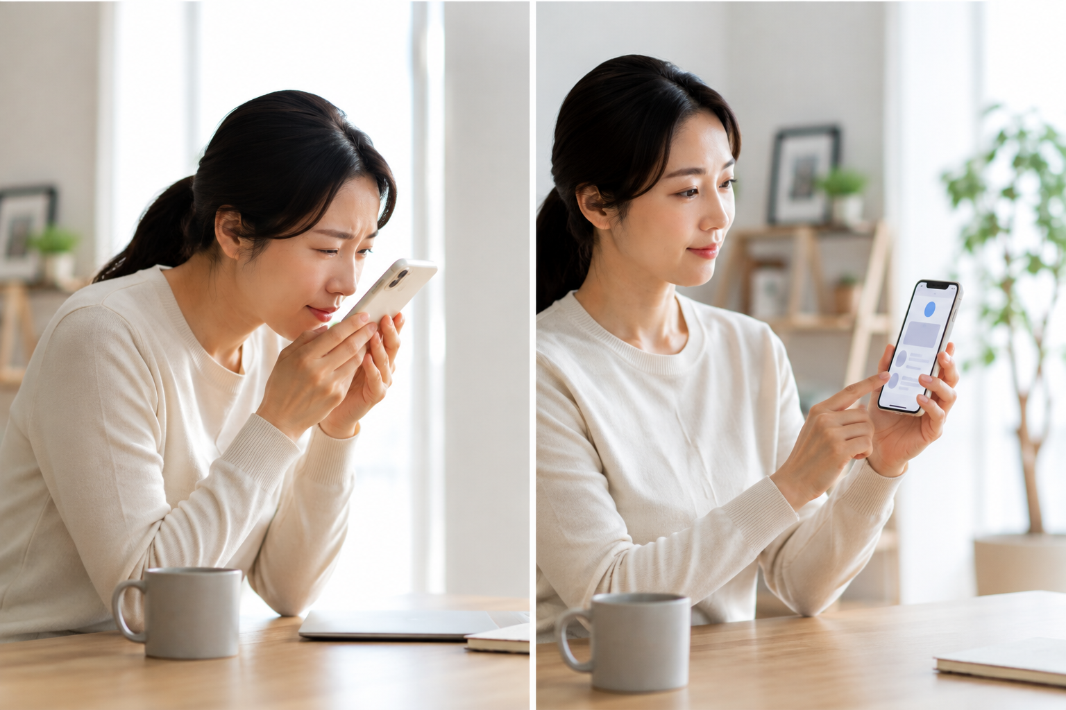 작은 스마트폰 글씨를 가까이 보다가 화면 크기를 조절하는 한국인 여성