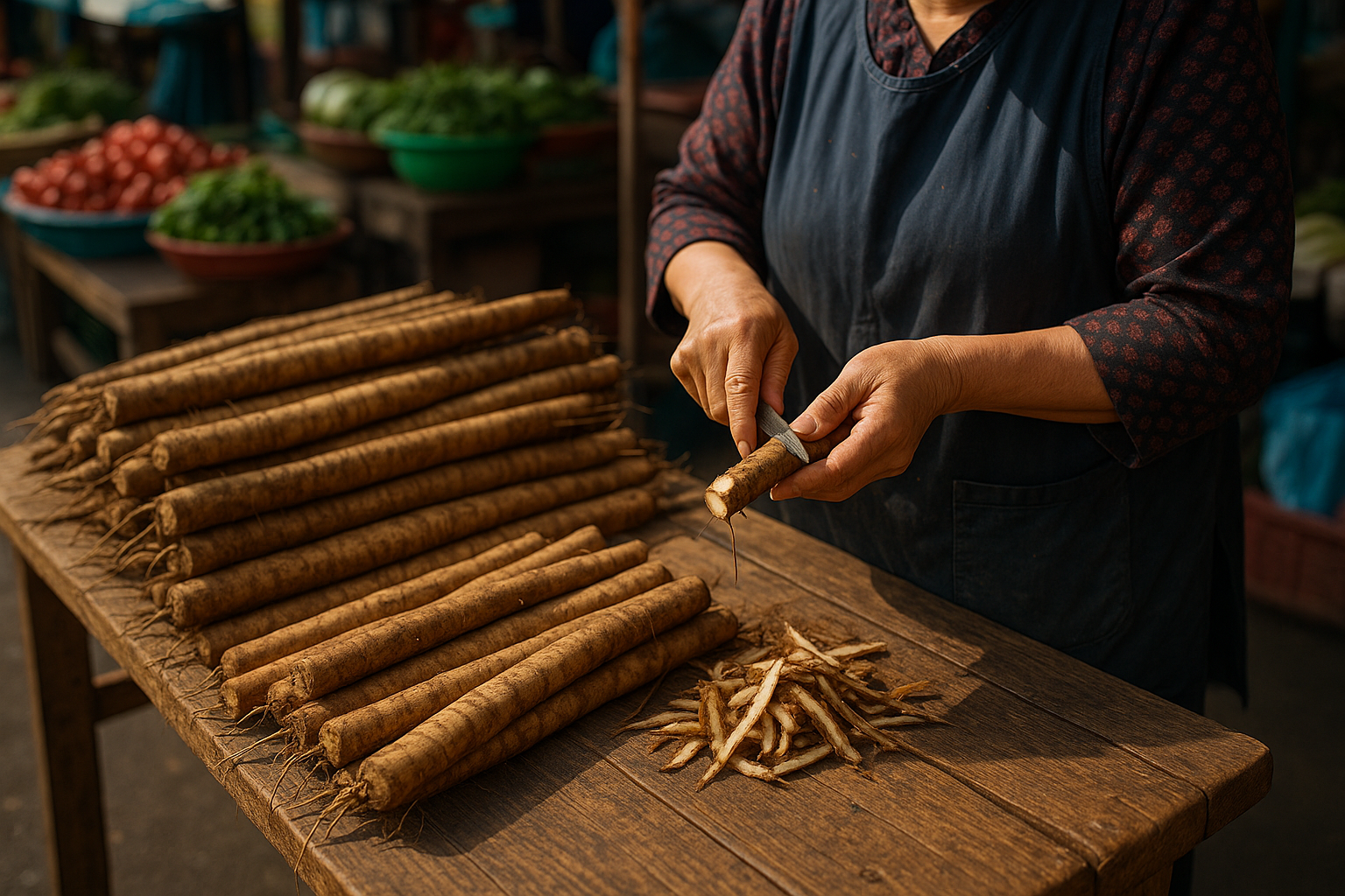한국 전통 시장에서 신선한 우엉 뿌리를 손질하는 모습, 자연광
