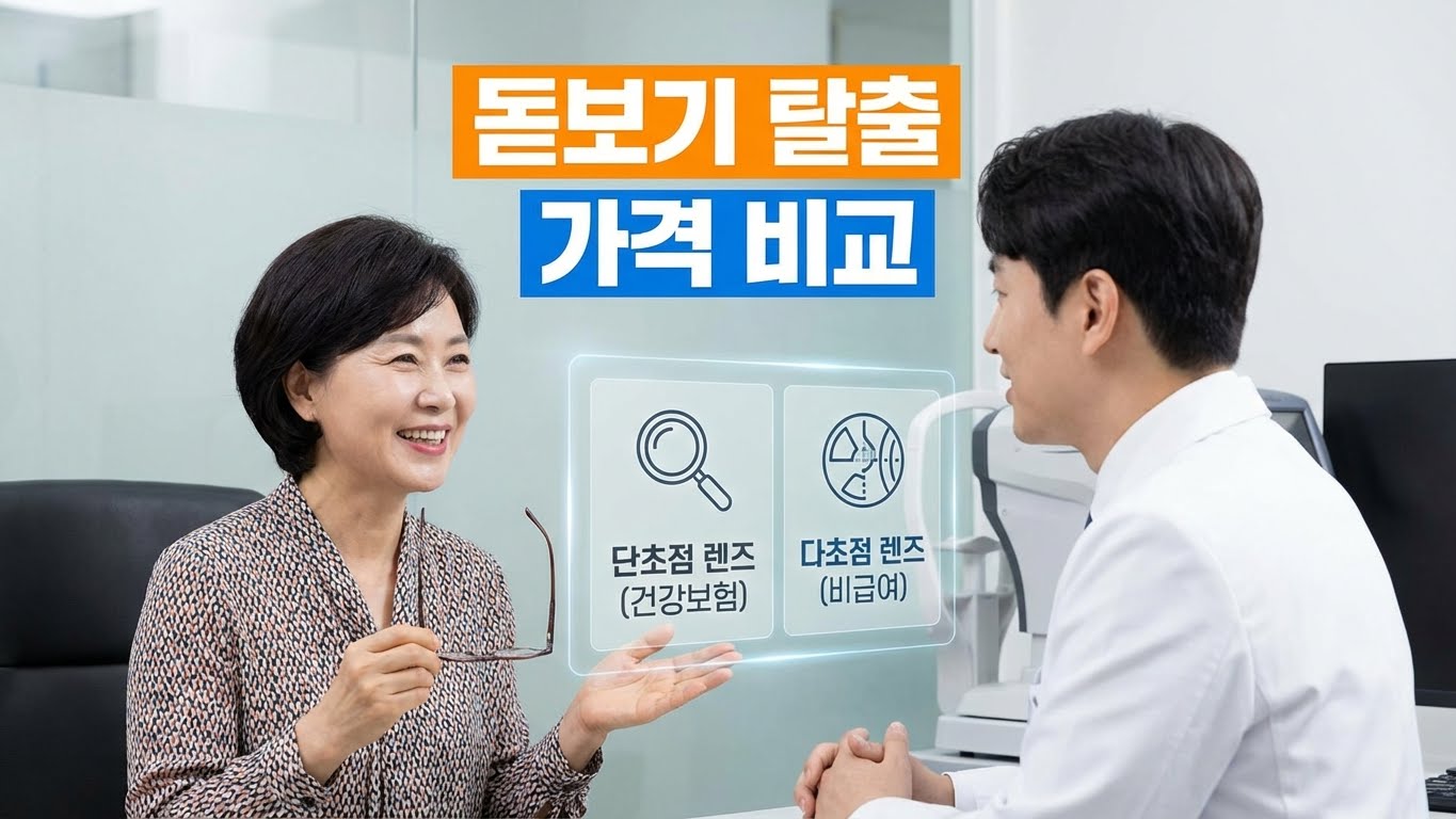 중년 여성이 안과에서 의사와 상담하며 돋보기를 벗고 기뻐하는 모습