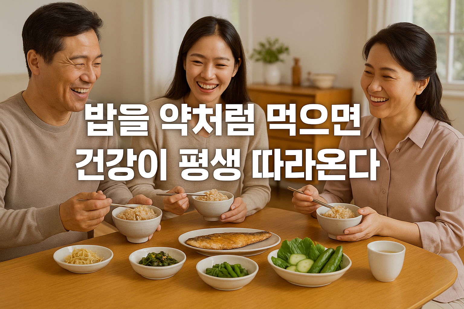 건강한 한식 식탁에서 웃는 가족