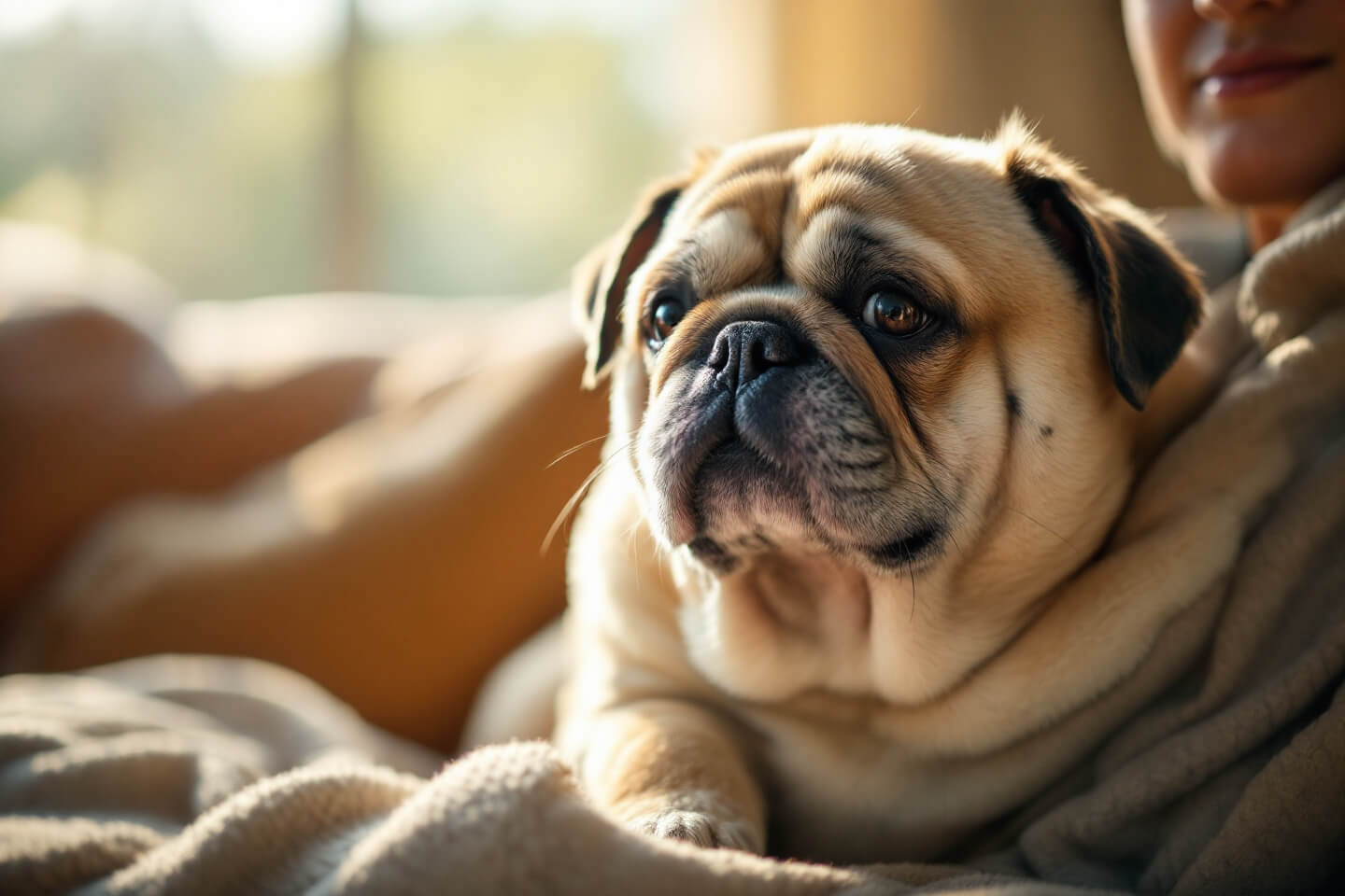 cute overweight dog with concerned owner