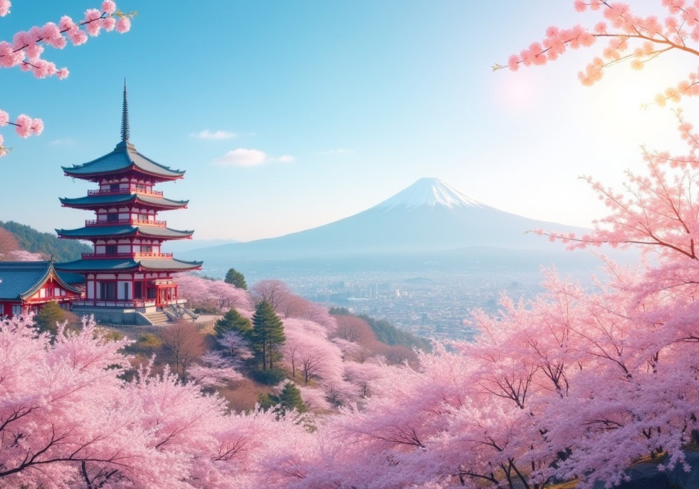 맑은 푸른 하늘 아래 만개한 벚꽃으로 둘러싸인 봄철 기요미즈데라의 전망