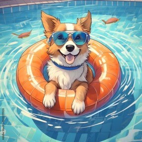 수영장에서-튜브를-타고-썬그라스-끼고-수영하는-럭셔리한-강아지-일러스트