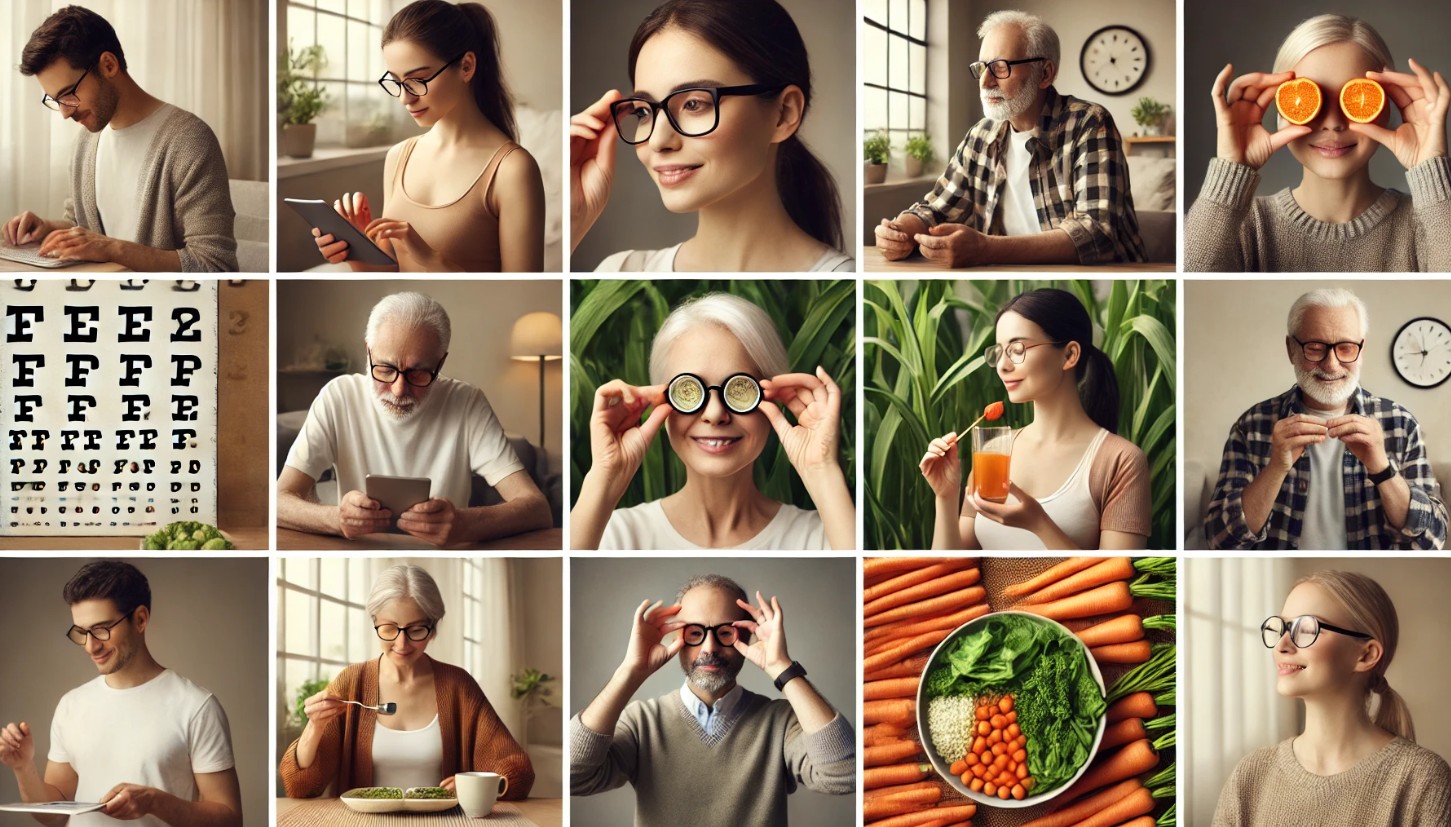 다양한 사람들이 안경을 쓰고 기기를 사용하거나, 당근 등 눈 건강에 좋은 음식을 먹고, 눈 운동을 하며 눈 건강을 관리하는 현실적 이미지입니다.