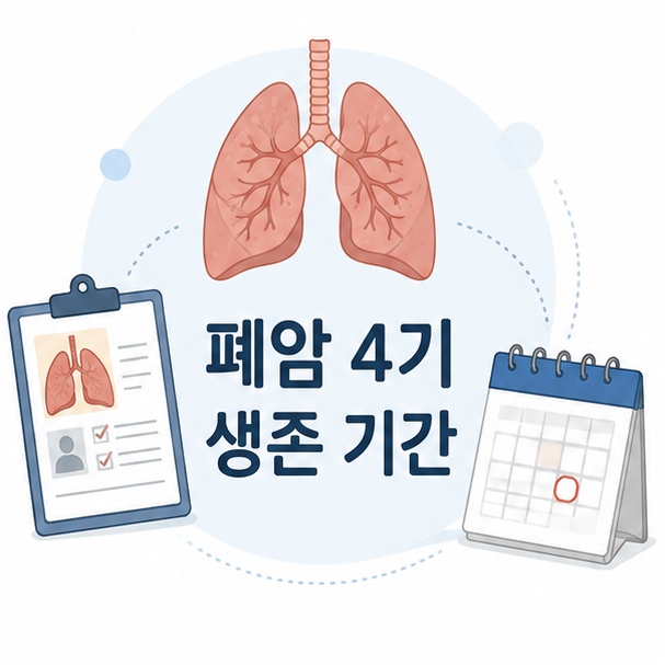 폐와 의료 차트, 달력을 이용해 폐암 4기의 생존기간은 개인마다 다르다는 점을 소개하는 그림
