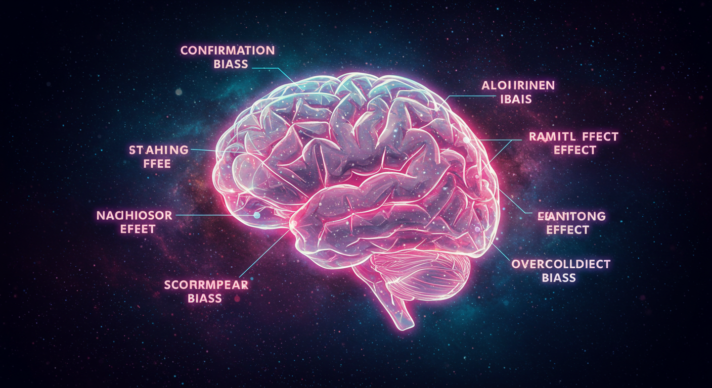 확증 편향, 후광 효과 등 인지 편향을 시각적으로 표현한 뇌 이미지 – 마음의 왜곡된 판단을 상징합니다.